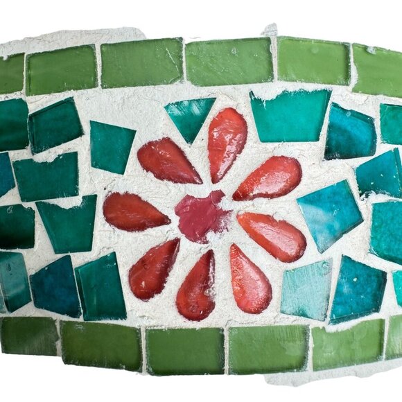Vintage White ice Bucket Mid Century Enameled with Blue Red Green Glass 2 Handle - Picture 1 of 6